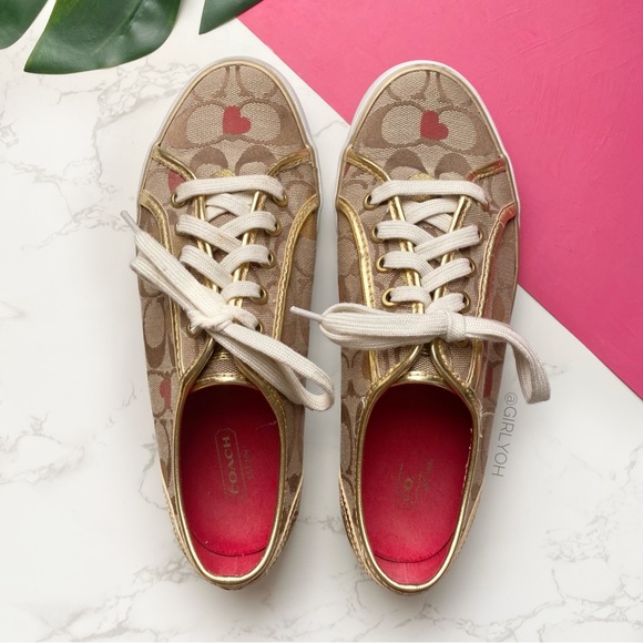 Coach Dee Secret Admirer Heart Monogram Gold Sneakers 7.5 - Picture 2 of 6